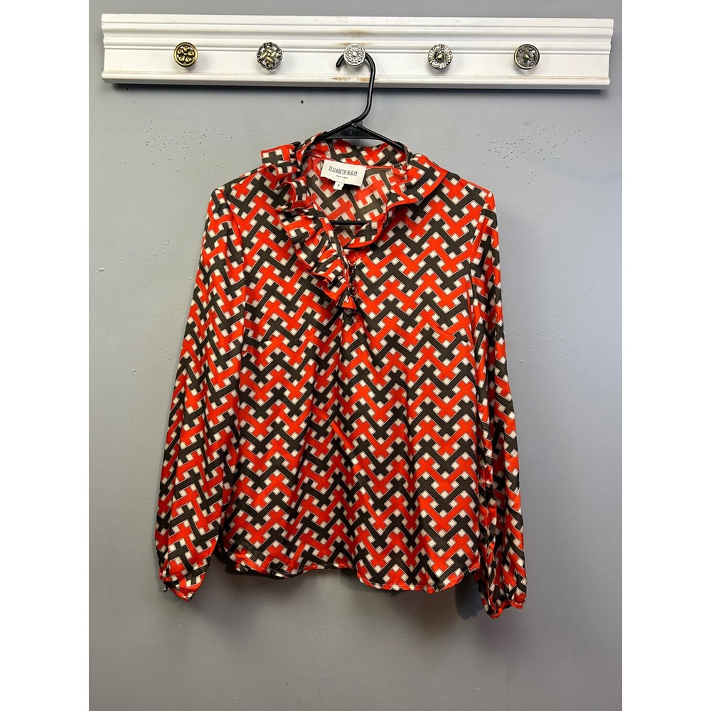 Elizabeth McKay Blouse Womens 4 Orange Silk Geo Ruffle Neck Long Sleeve Top